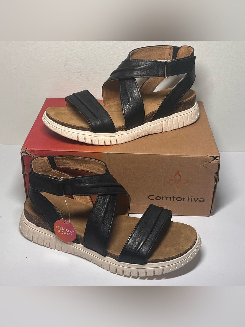 Comfortiva Black Leather Cross-Strap Kids Sandals with White Sole